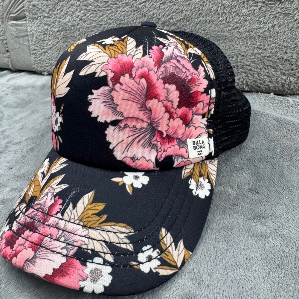 Billabong Trucker Hat Womens OS Black Pink Floral Snapback Mesh Cap Excellent - Picture 3 of 10